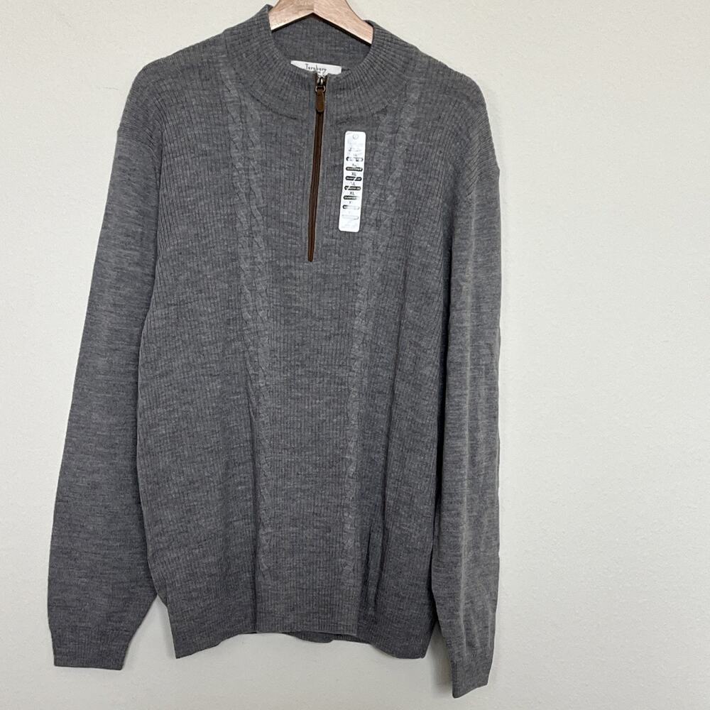 Mens TURNBURY MERINO WOOL Light Gray Sweater Pullover 1/4 Zip Long Sleeve Sz XL